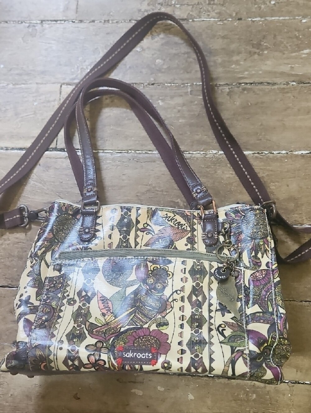 Sakroots Owl Design Brown Multi Floral & Bird Print Shoulder Bag